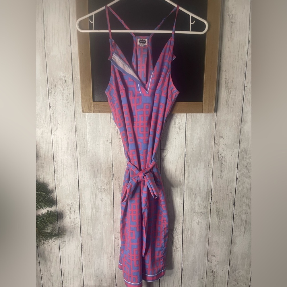 Mudpie Women's Size S Pink & Blue Abstract Print V Neck Halter Dress